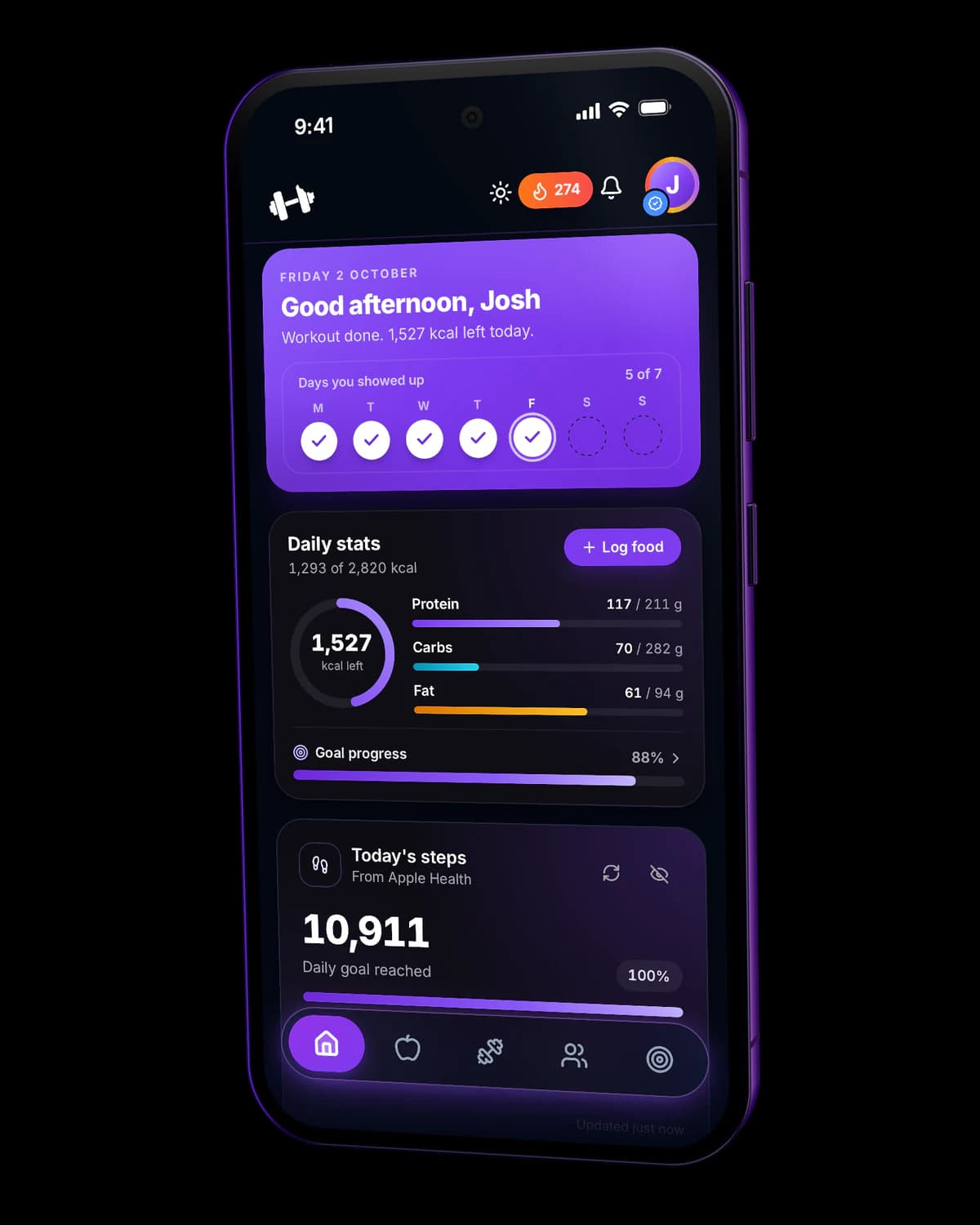 The BarbellBites app dashboard on a phone