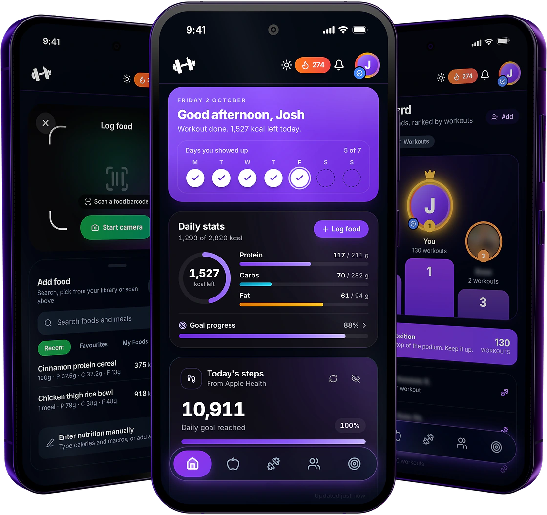 The BarbellBites app on three phones: scanning a food barcode, the daily dashboard with calories and macros, and the friends leaderboard